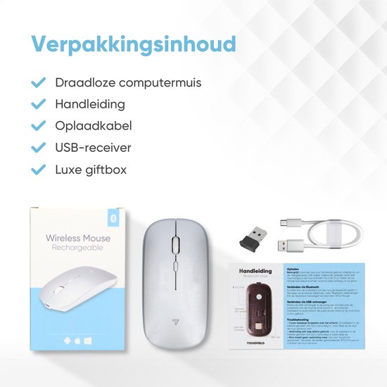 Souris sans fil Trendfield - Souris d'ordinateur rechargeable - Bluetooth - Souris ergonomique avec clic silencieux - Convient à tous les ordinateurs portables - Argent