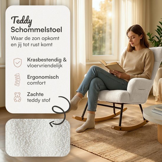 Flowsense Rocking Chair Teddy White - Rocking Chair Adultes Bébé - Chaise d'allaitement Chambre de Bébé - Fauteuil avec accoudoir Design - Fauteuil Relax - Recliner