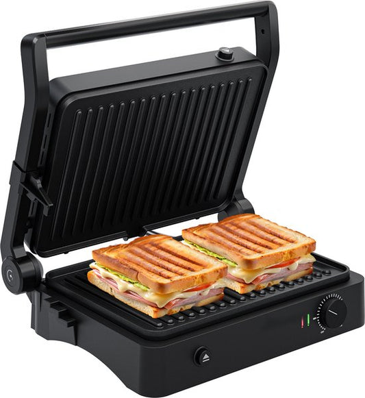 Appareil à griller KitchenBrothers - Plaques de gril amovibles - Gril à panini - 3 réglages de hauteur - Fer à toasti - 2000W - Noir