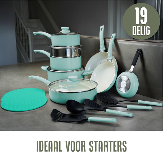 COOCK Batterie de cuisine à induction 19 pièces - Revêtement spécial antiadhésif - Poignées froides ergonomiques - Aluminium recyclé - Ensemble de poêles - Ensemble de casseroles - Turqoise (vert) - Sous-verres et livre électronique inclus