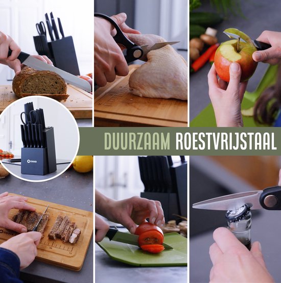 COOCK - Set de couteaux avec bloc et planche à découper pliante - Couteaux de cuisine - Ciseaux - Acier à aiguiser (Aiguiseur de couteaux) - Set d'ustensiles de cuisine 15 pièces dans un bloc à couteaux - Avec revêtement résistant aux rayures - Acier inox