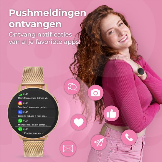 Nuvance Smartwatch Ladies - avec bracelet en acier inoxydable et en silicone - mesure le sport, le sommeil et le corps - or rose