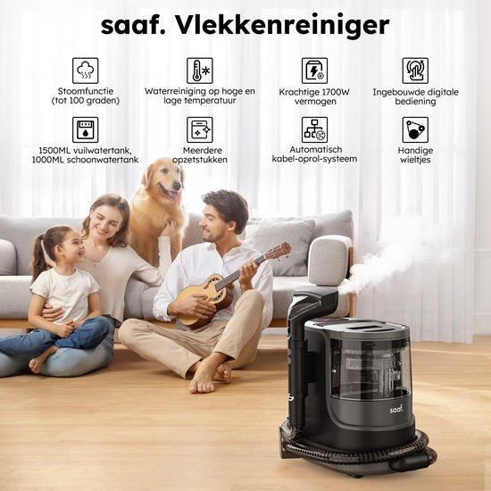 Nettoyeur de taches - Set de 7 pièces - Nettoyeur de tapis avec fonction vapeur - Inc. Détachant - Nettoyeur à vapeur - jusqu'à 100°C - Noir - par Saaf