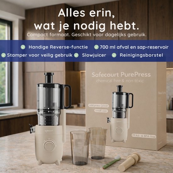 Safecourt Kitchen Slow Juicer - moteur puissant [Technologie de pré-coupe et de pression à froid] - nettoyage facile - sans BPA - juicer Beige