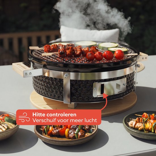 KitchenBrothers Kamado Hibachi Grill - Sans PFAS - Barbecue au charbon de bois - Shichirin Table Grill - Round BBQ - Barbecue en céramique - Noir