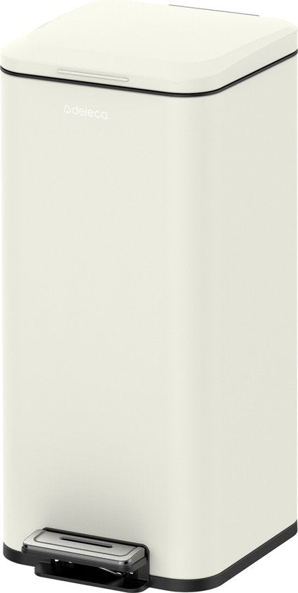 Deleca Bin Prestige 30 Liter - Avec pédale et fermeture lente - Poubelle / Corbeille à papier / Poubelle à pédale - acier inoxydable Matt Cream White