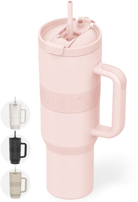 ONYX Bouteille à boire avec paille 1 litre - Bouteille d'eau pour enfants et adultes - Mug Thermos Mug de voyage en acier inoxydable - Buvette de motivation - Tasse à boire pour l'école - Rose bonbon