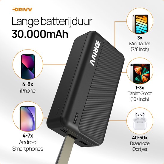 Drivv. Powerbank 30 000 mAh - Chargeur rapide 22,5 W - USB 3.0 - USB-C - Micro USB - Noir