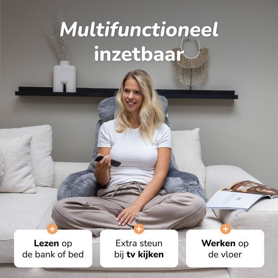 Coussin de lecture pour le lit - Bonne posture au lit - Avec 3 compartiments de rangement - Coussin dorsal pour le bas du dos - Siège de lecture pour le canapé - Gris - Soft & Silky
