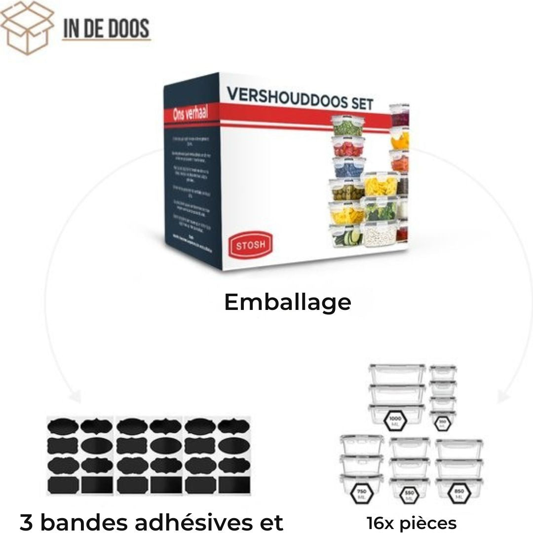 Set de 16 boîtes de conservation - Stosh® – 5 tailles – Hermétiques & étanches - Compatible congélateur, micro-ondes et lave-vaisselle - Plastique sans BPA