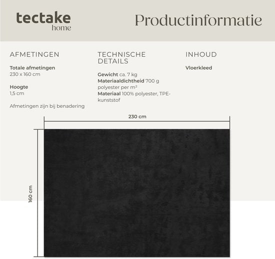 tectake® Tapis à poils courts - 160 x 230 cm - Noir - 1630 g/m² de poids de poils - Tapis pour le salon, la chambre à coucher, la salle à manger - Facile d'entretien et lavable - Sous-couche antidérapante - Antiallergique - Diverses tailles et couleurs