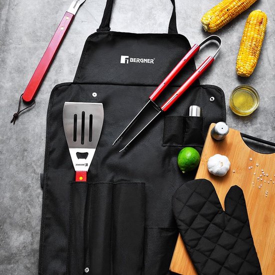Bergner BBQ Accessories 7 Piece Tool Set - Stainless Steel - Gift Set - with bbq Apron