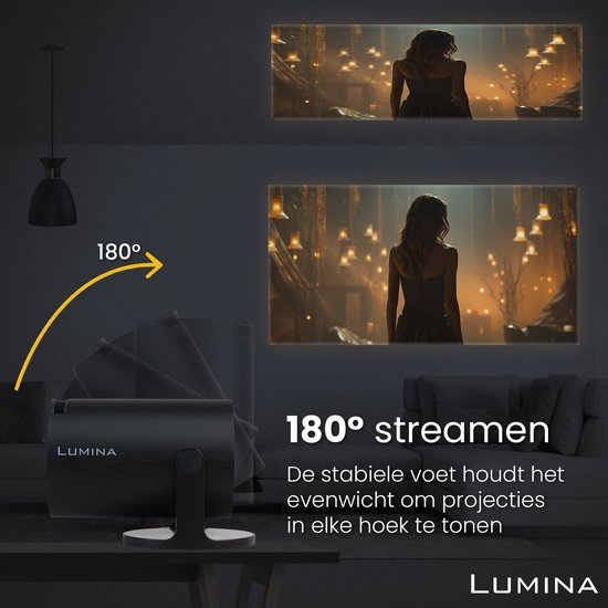 Lumina® Pro Mini Beamer 2026 - Projecteur intelligent Android 14 avec Google Playstore - Home cinéma - Pour iOS & Android - WiFi 6 & Bluetooth 5.4 - Noir