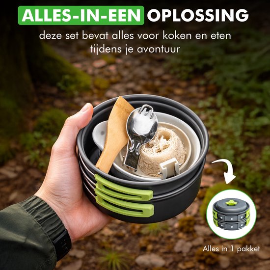 Travelhawk Batterie de cuisine de camping - Batterie de casseroles - Aluminium - 8 pièces - Batterie de casseroles de camping - Comprend une éponge, une spatule, une cuillère, des bols et un sac de transport pratique.