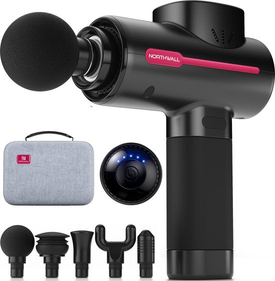 Northwall Massage Gun Professional PRO - Pistolet de massage avec étui et 5 accessoires - Appareil de massage sportif et de relaxation puissant et sans fil