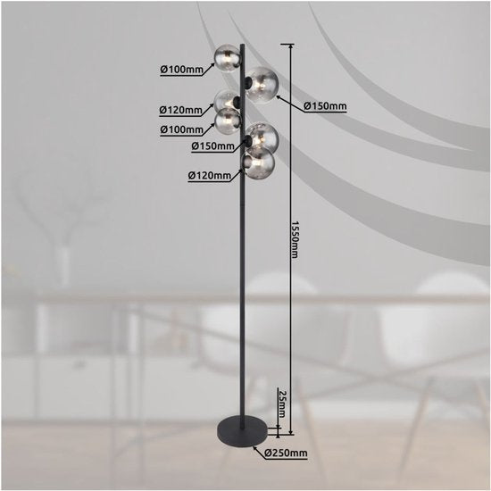 Lampadaire RIHA Glass 155.0cm Matt Black | Smoked G9 6-Light