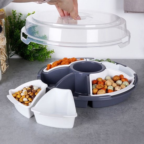Excellent Houseware Plat de service - gris - compartiment et couvercle - plastique - 33 x 9 cm