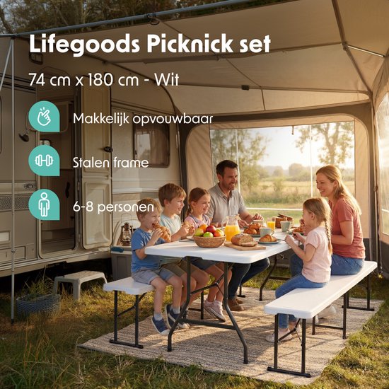 LifeGoods Set de pique-nique pliable - 180cm x 74cm - Table de jardin avec 2 bancs - Résistant aux intempéries - Table de camping - Table à bière pliable - Pour l'intérieur et l'extérieur - Pour 6 à 8 personnes - Blanc