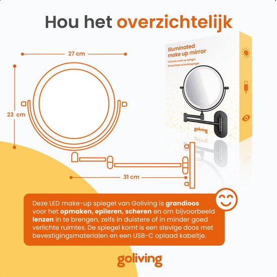 Goliving Miroir de maquillage avec éclairage - Ø25 cm - grossissement 10x - miroir de maquillage graduable - miroir de rasage - éclairage LED - rechargeable par USB-C - double face - 27 x 27 cm - noir