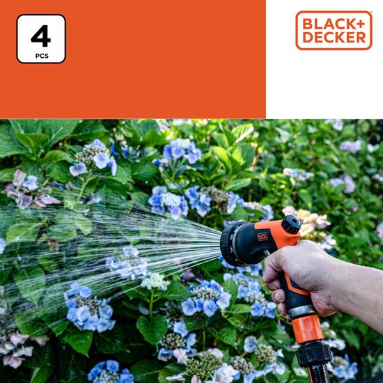 Tête d'arrosage BLACK+DECKER avec 3 raccords pour tuyau d'arrosage - Débit d'eau réglable - Plastique - Noir/Orange