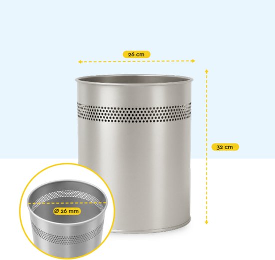 BRASQ Trashcan Metal Office/Home Use - Poubelle - Corbeille à papier - Rond - Poubelles - Argent 15 litres