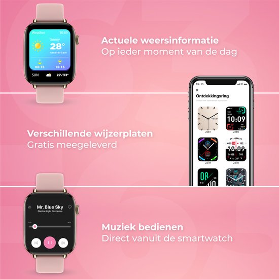 Nuvance - Smartwatch Hommes et Femmes avec Bluetooth - IP68 Waterproof - Convient à tous les Smartphones - Podomètre et moniteur de fréquence cardiaque - Or
