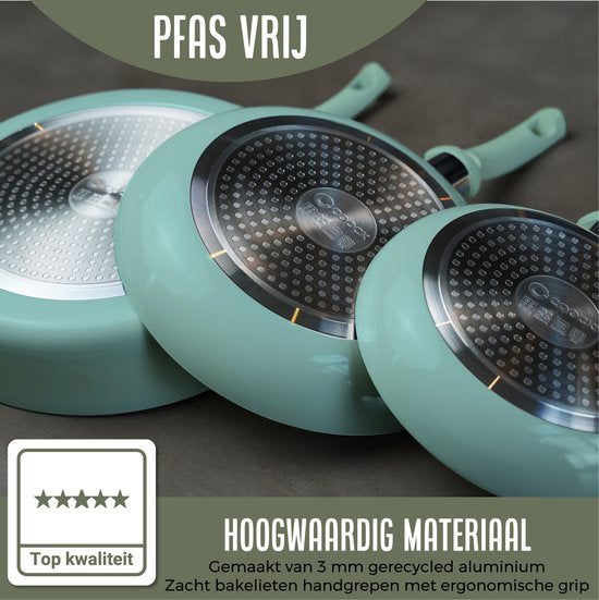 COOCK Batterie de cuisine à induction 19 pièces - Revêtement spécial antiadhésif - Poignées froides ergonomiques - Aluminium recyclé - Ensemble de poêles - Ensemble de casseroles - Turqoise (vert) - Sous-verres et livre électronique inclus