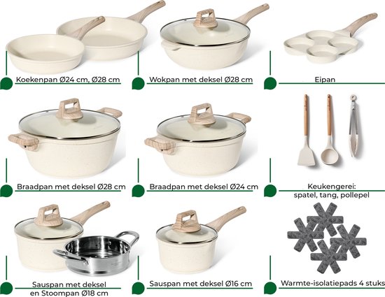 Just Perfecto 21 Set de casseroles et poêles à induction - Beige Set de casseroles et poêles avec couvercle pour gaz et induction - Sans PFAS - Poignées froides