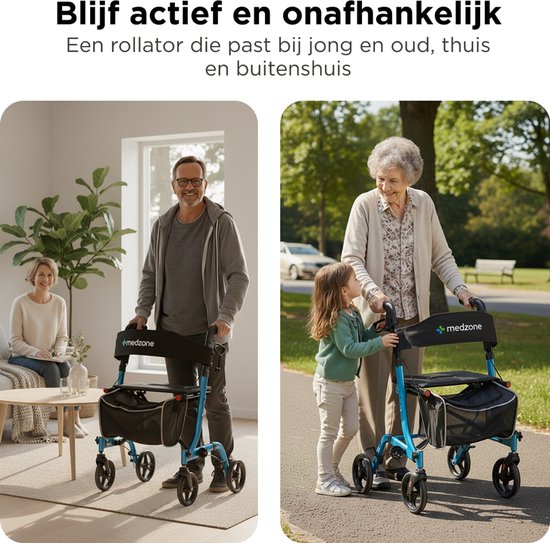 Déambulateur Medzone léger et pliable - fonction assise - intérieur et extérieur - dossier et support de canne - bleu