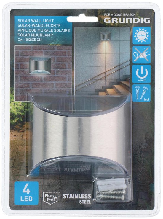 Grundig Eclairage extérieur - Applique - Alimentation solaire - 4x LED - Interrupteur marche/arrêt - acier inoxydable