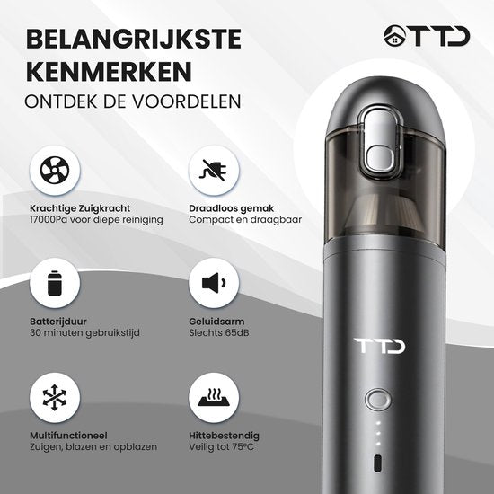 TTD® Premium Auto Vacuum Cleaner Cordless and Rechargeable - 17,000 Pa - Handheld Vacuumer - Blow & Suck - Heat Resistant - Compact design - With HEPA filter