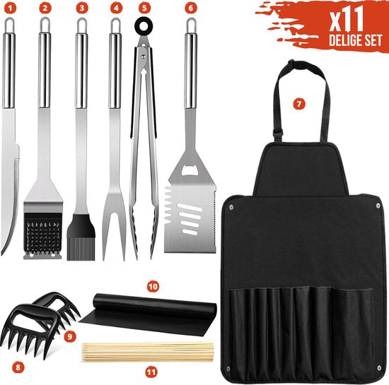 Squago BBQ accessories XXL Set with Apron - Tools - Tool set Pliers Brush Mat