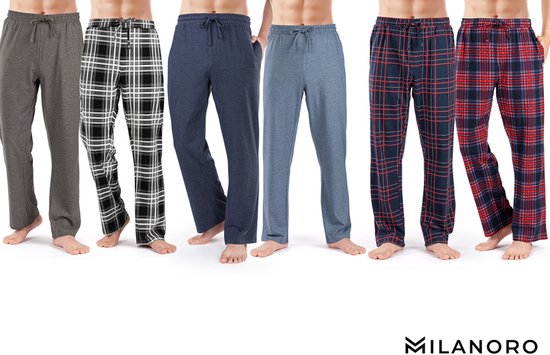 Milanoro - Lot de 2 bas de pyjama en coton pour homme - Anthracite/Noir et blanc à carreaux - XL