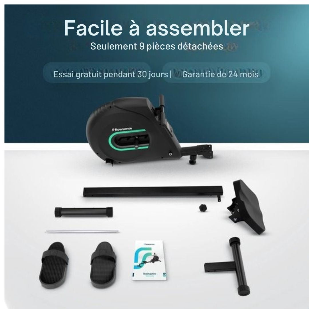 Rameur Flowsense Elvora Lite - pliable - Résistance élastique - Affichage LCD - Silencieux et compact - Pour utilisateurs jusqu'à 200 cm / 115 kg - noir