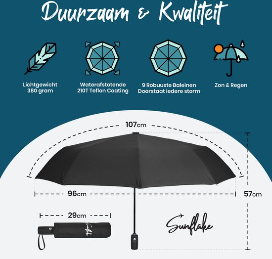Parapluie pliable - Résiste à la tempête jusqu'à 140km/h - Pliage automatique - Housse de protection et pochette de voyage incluses - Noir - Sunflake
