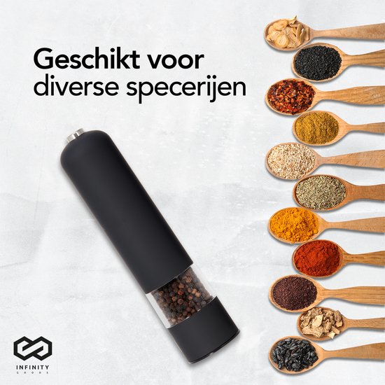 Infinity Goods Moulin à poivre et à sel électrique - Moulin à poivre - Moulin à sel - Moulin à épices - Noir