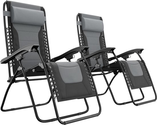 LifeGoods Chaises longues confort - pliable - 30°-90° réglable - support pour gobelets et téléphone - chaises de jardin - noir/gris