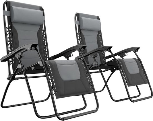 LifeGoods Chaises longues confort - pliable - 30°-90° réglable - support pour gobelets et téléphone - chaises de jardin - noir/gris
