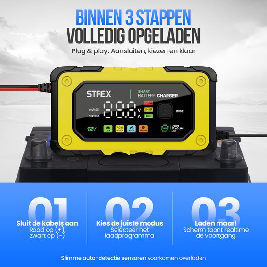 Chargeur de batterie Strex 12V 7A - Chargeur rapide et goutte à goutte avec écran LCD - Pour voiture, moto, bateau et batteries AGM/plomb - Mode réparation
