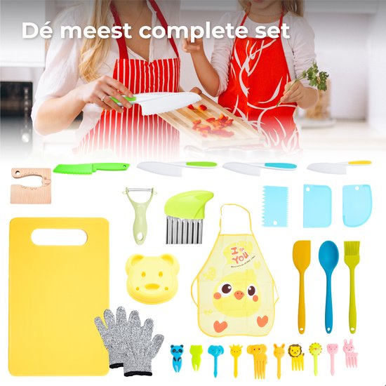 Nuvance - Set de couteaux pour enfants - Set de cuisine 17 pièces - Kiddikutter - Couverts pour enfants avec planche à découper, couteau à éplucher, couteau pour enfants, coupe-frites et tablier de cuisine - Kiddicutter - Cuisine pour enfants - Ustensiles
