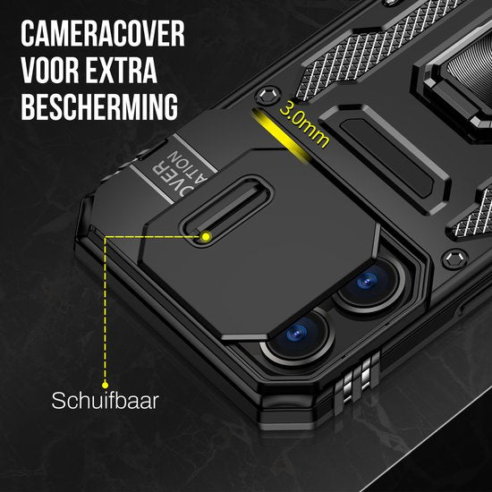 Podec Case suitable for iPhone 15 Pro Max Black Phone Case - Anti-Shock Case Cover Hybrid Armor Case with Kickstand Ring with Screen Protector