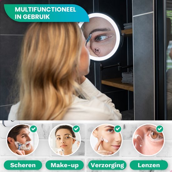 Miroir de maquillage avec éclairage Led - grossissement 5X - Miroir mural rond - Miroir de rasage modèle mural - Salle de bain - Douche - Noir