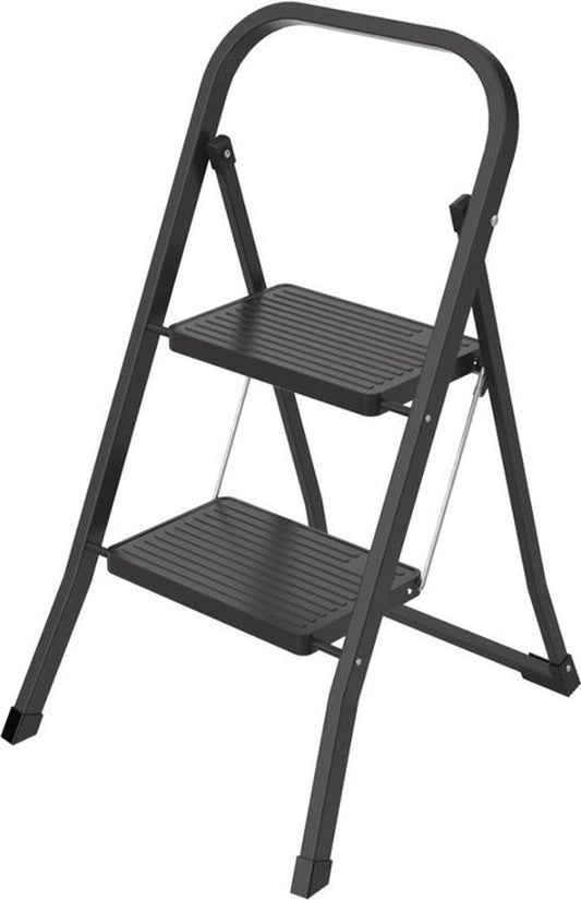 BRASQ Escabeau ménager 2 marches noir - échelle de cuisine pliable en métal pour usage privé et professionnel - Escabeau - Antidérapant