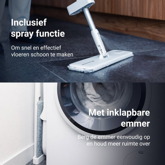 Techweise Système de nettoyage 4 en 1 avec vaporisateur et seau pliable avec 2 vadrouilles supplémentaires en microfibre - Ensemble de nettoyage avec fonction de vaporisation - essuie-plancher - vadrouille - vadrouille avec essoreuse