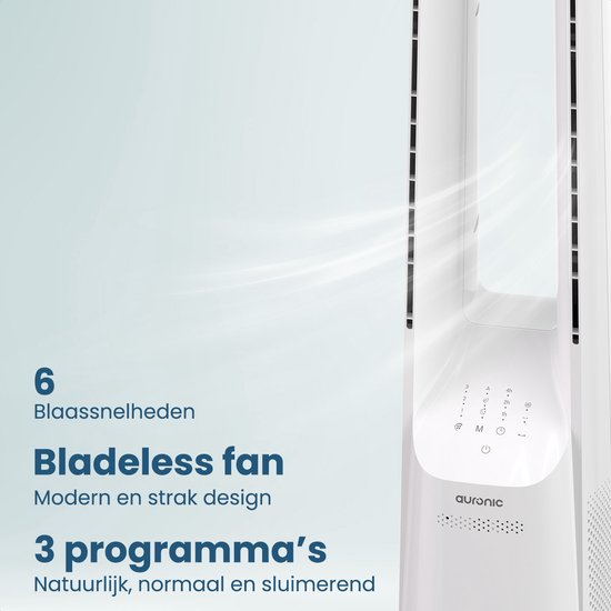 Ventilateur de tour Auronic - Modèle sans pales - Refroidisseur d'air - Ventilateur de sol - Ventilateur silencieux sur pied - 101 CM - 6 vitesses - Ventilateur - Avec minuterie - 39 dB - Blanc