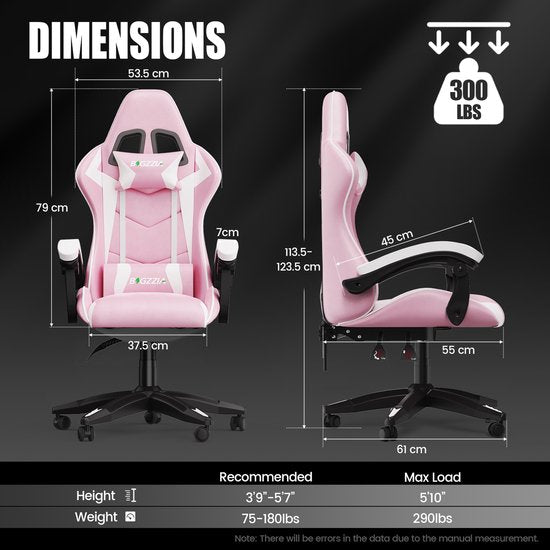 Fauteuil gaming Bigzzia - Fauteuil de bureau ergonomique en cuir PU - Réglable en hauteur - Avec coussin lombaire et appui-tête - Fauteuil gaming confortable pour adultes - Filles et garçons