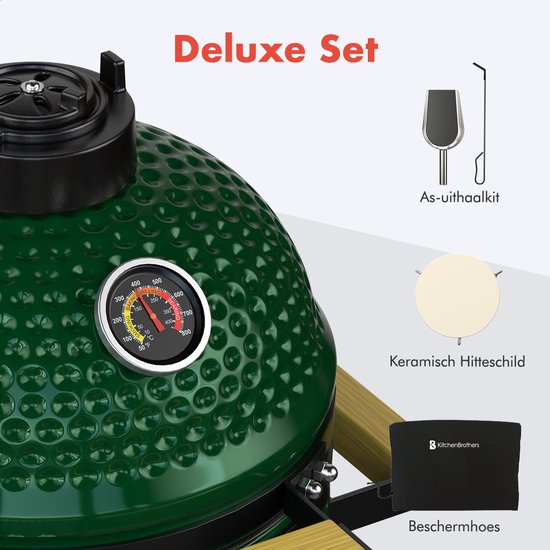 KitchenBrothers Kamado BBQ - 13 Inch Charcoal Barbecue - 27⌀ cm - sans PFAS - Deluxe Set - Egg BBQ with Accessories including Cover - Vert