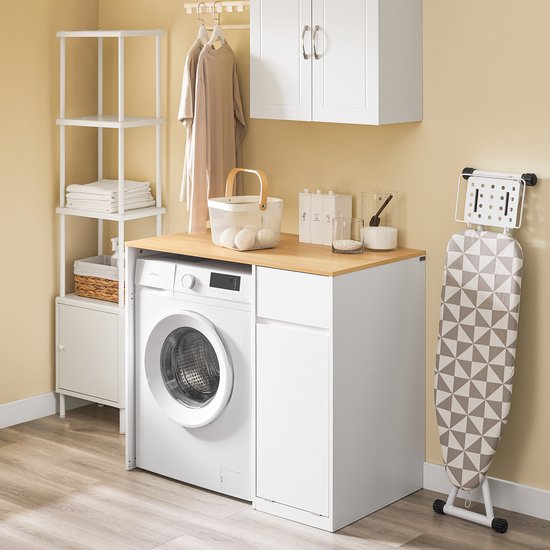 SoBuy Armoire pour lave-linge - armoire de salle de bain avec panier à linge et tiroir, pour lave-linge et sèche-linge, armoire pour lave-linge en bois, blanc, 100 x 60 x 90 cm, BZR217-WN