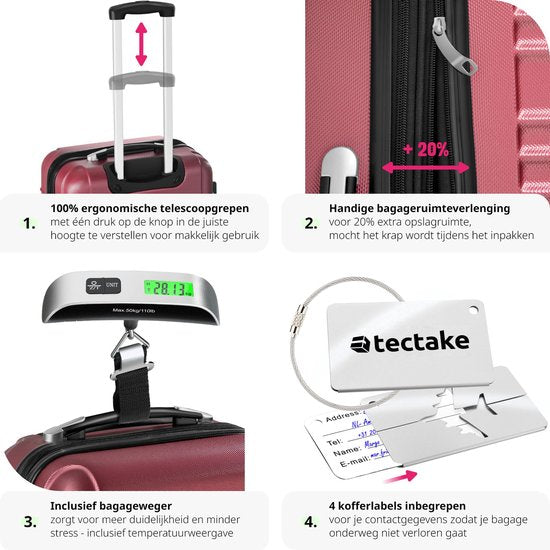 tectake® - Ensemble de valises à coque dure 4 pièces - Ensemble de valises de voyage à roulettes - ABS - Poignée télescopique et serrure - Pèse-bagages inclus - Tailles des trolleys S-M-L-XL - Rouge