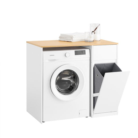 SoBuy Armoire pour lave-linge - armoire de salle de bain avec panier à linge et tiroir, pour lave-linge et sèche-linge, armoire pour lave-linge en bois, blanc, 100 x 60 x 90 cm, BZR217-WN